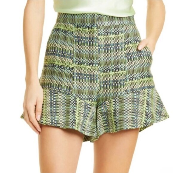 Cinq à Sept Lexie Box Weave Tweed Ruffle Shorts in Green Oasis, 14 - Picture 1 of 13